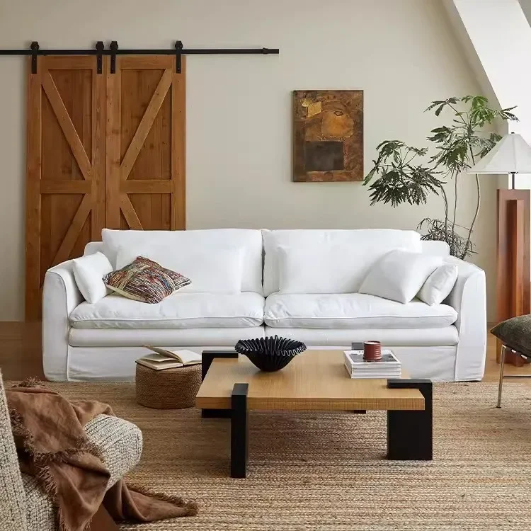 

-Скандинавский кремовый современный простой хлопковый льняной тканевый диван для гостиной, небольшой квартиры, моющийся диван, 3-местный прямой ряд, мебель