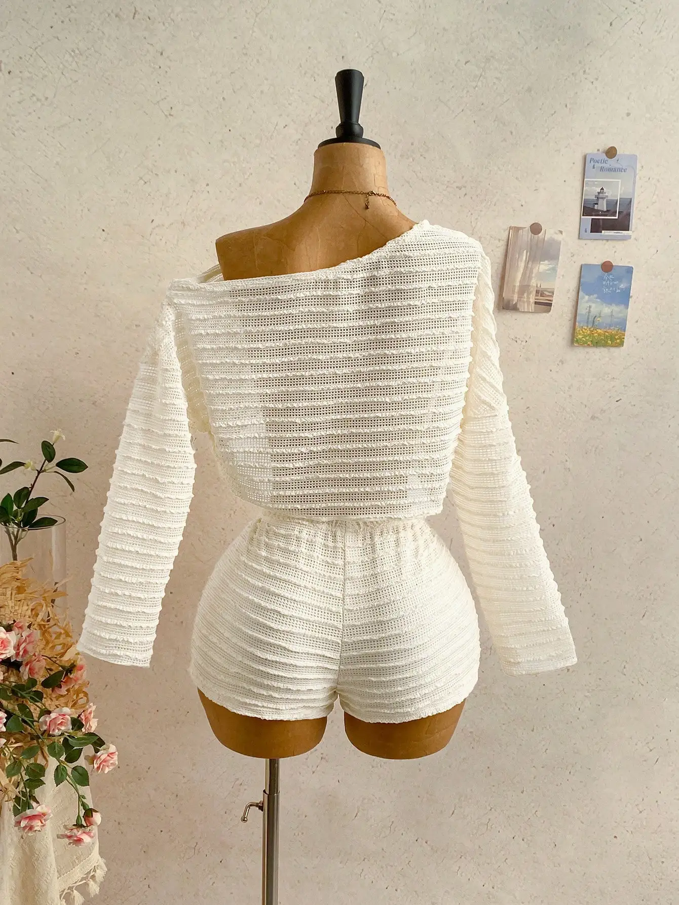 Solid Color Asymmetric Collar Top & Shorts Set, Long Sleeve Elastic Waist 2-Piece, Casual Summer Vacation Outfit for Women