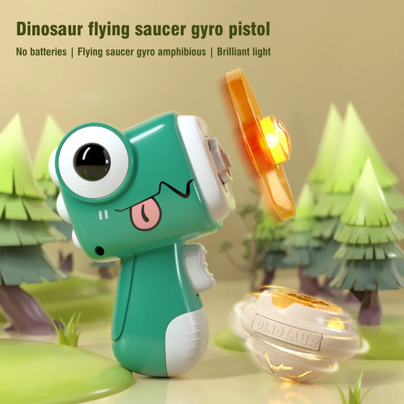 Children Saucer Launcher Pistol Outdoor Spinning Top Dinosaur Gun with Light Flying Disc Saucer Toys Ejection Luminous Gyroscope