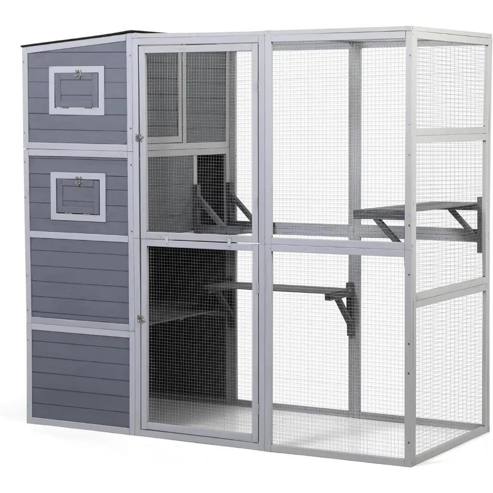 

Outdoor Enclosure, 4-Tier Large Cat Catio with Weatherproof Roof, 2 Resting Rooms, 2 Platforms, Walk in Cat Cage Cat House, Wood