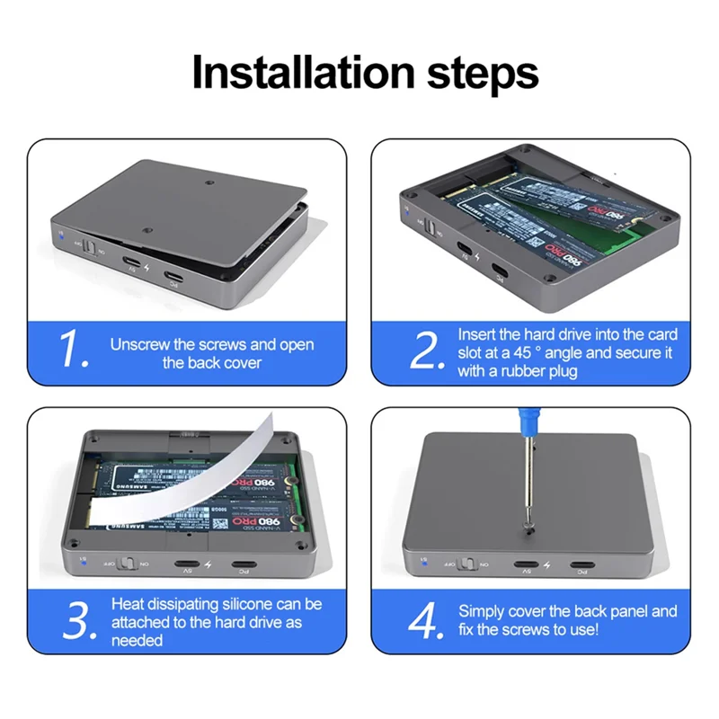 TTKK-M. 2 Nvme SSD 인클로저 듀얼 베이 10Gbps USB C 3.2 GEN2 외장 하드 디스크 케이스 PCIE NVME 프로토콜 M.2 2280/60/42/30