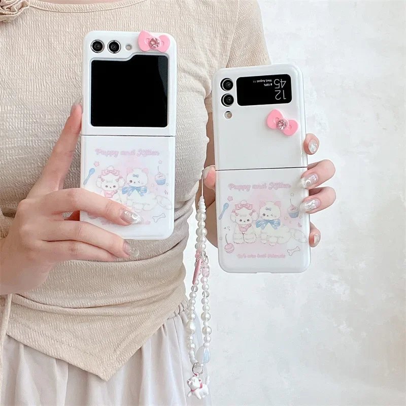 

White Cat Dog Pink Bowknot Phone Case for Samsung Galaxy Z Flip 6 5 4 3 Protective Back Cover for ZFlip4 ZFlip5 ZFlip6 Case