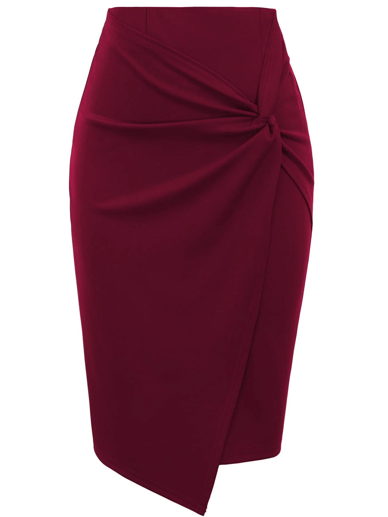 Vrouwen dragen naaflaagrokken voor op het werk, elastische hoge taille wikkelrok met twist voorzijde, knielange bodycon rok