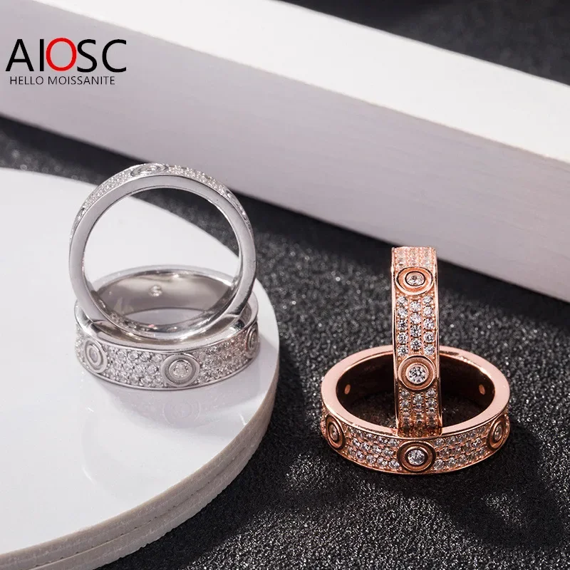 

AIOSC 925 пробы Серебряная широкая версия три ряда D VVS1 Муассанит бриллиант обручальное кольцо Вечность пара желтые золотые кольца