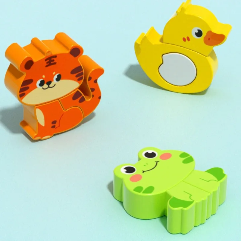 Giocattoli in legno 4 in 1 Puzzle in legno 3D Animali del fumetto Puzzle cognitivo Giocattoli educativi per l'apprendimento precoce per il regalo dei bambini