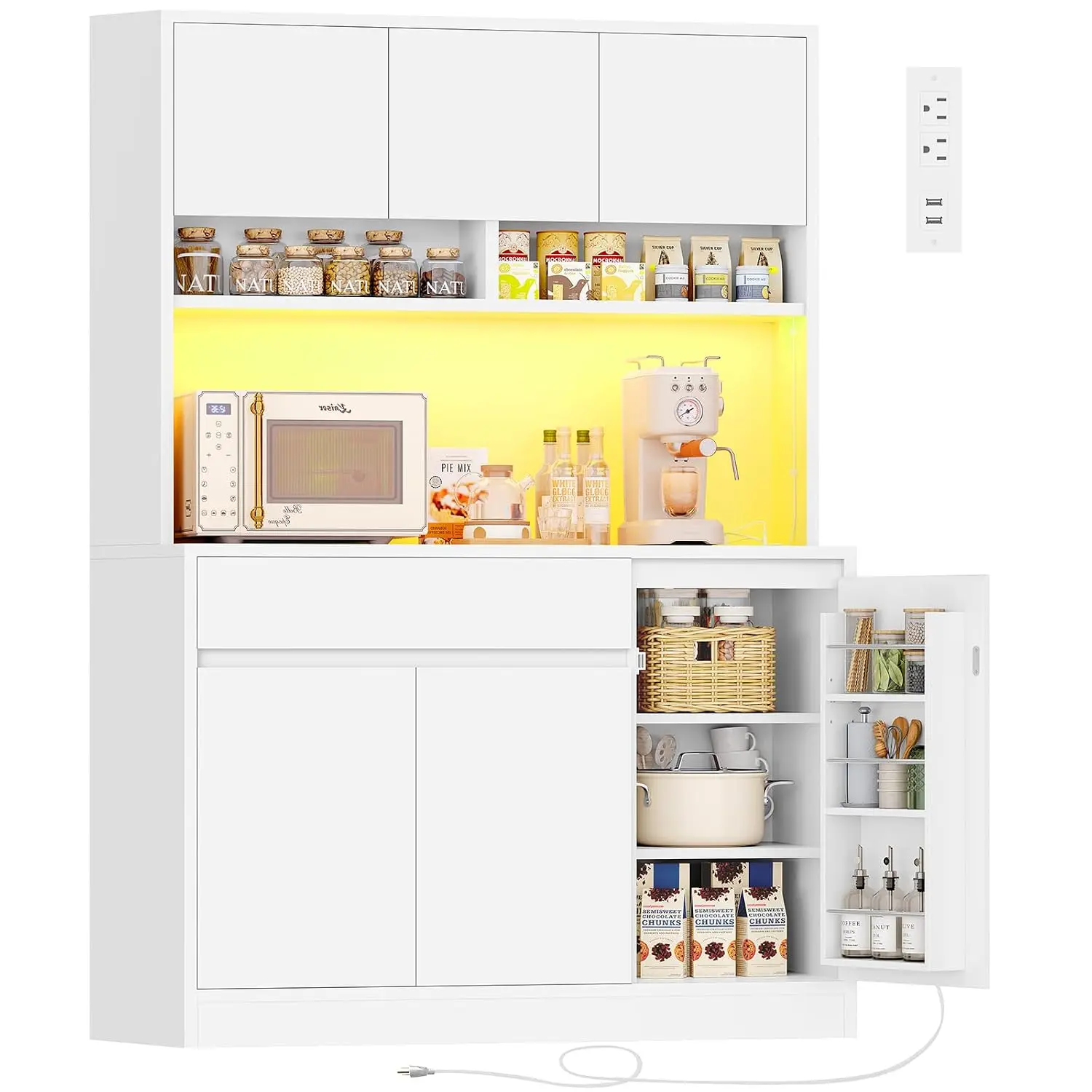 Kitchen Cabinet LED Charging Station Microwave Stand Open Shelves Hutch Coffee Bar Kitchen Dining Room White Customized