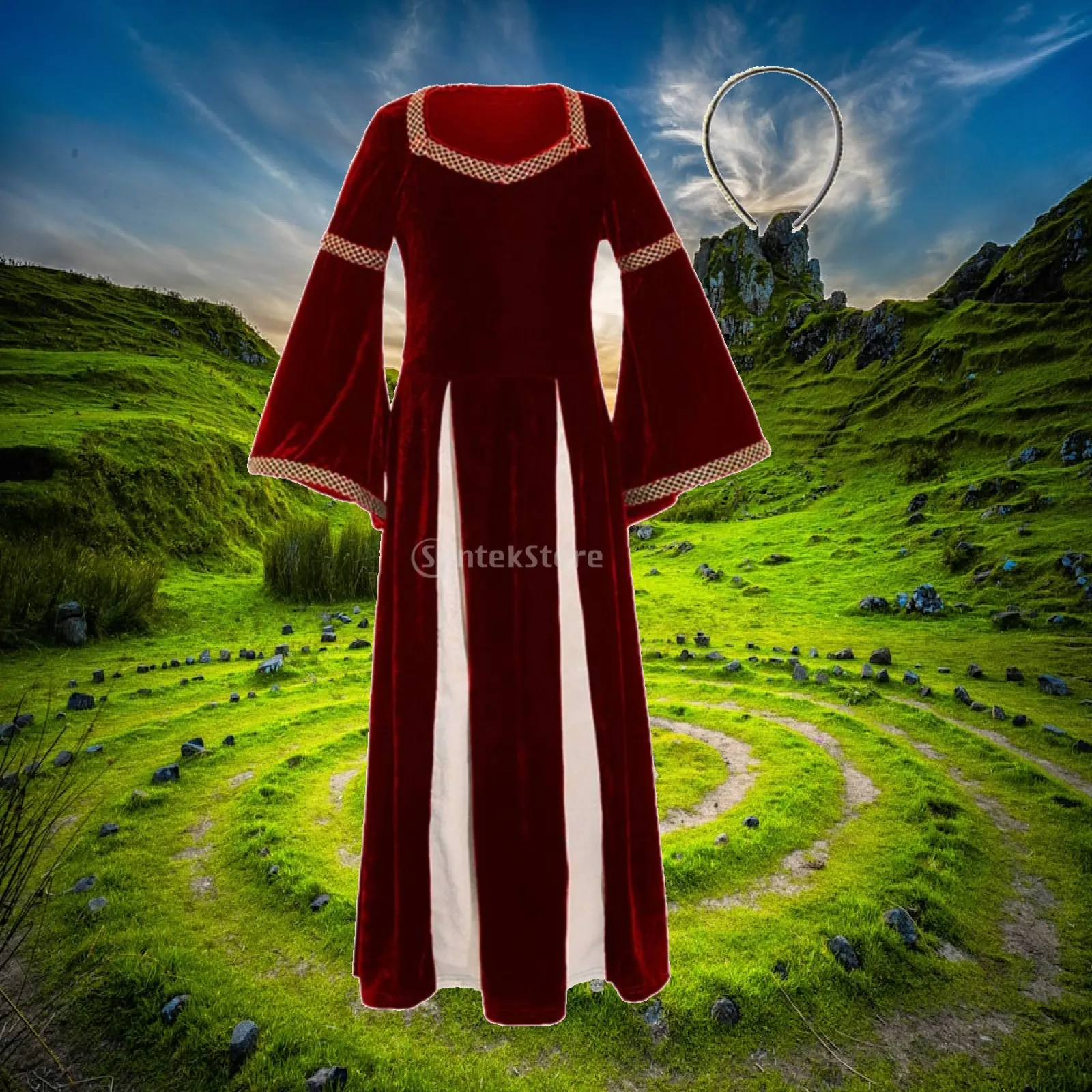 Medieval Costume Girls Renaissance Dress Women Velvet Gown Square Neck Bell Sleeve Gold Trim Historical Outfit with Headband