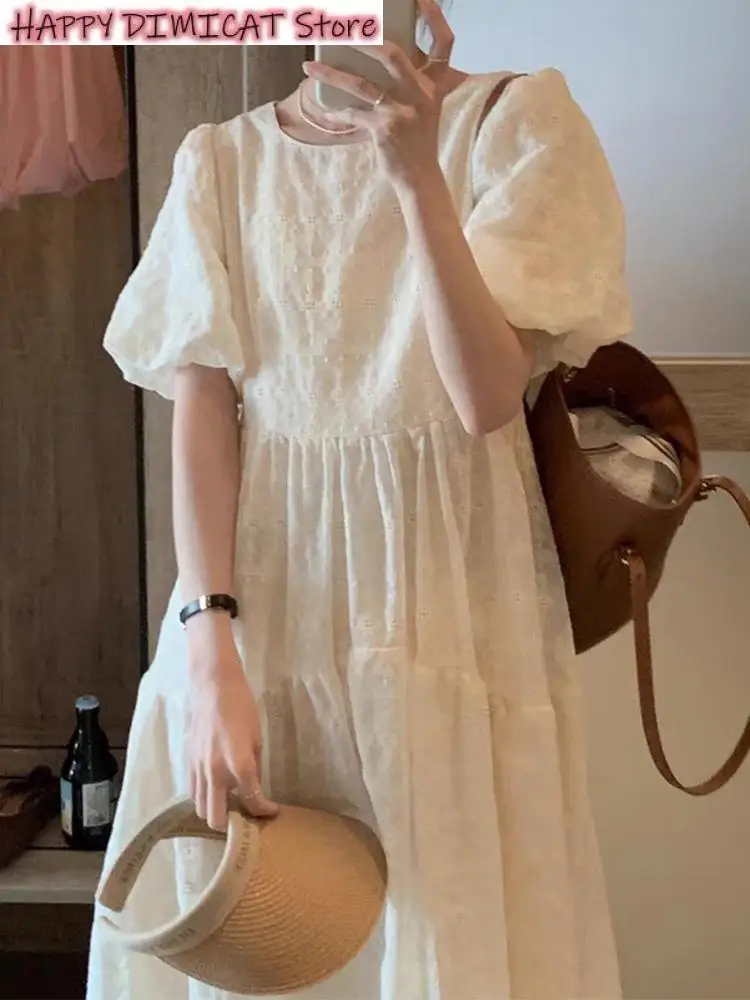 

Women Summer Dress Korean Fashion Off-white Embroidered Midi Dress Female Elegant Vintage Loose Casual Puff Sleeve Party Dress