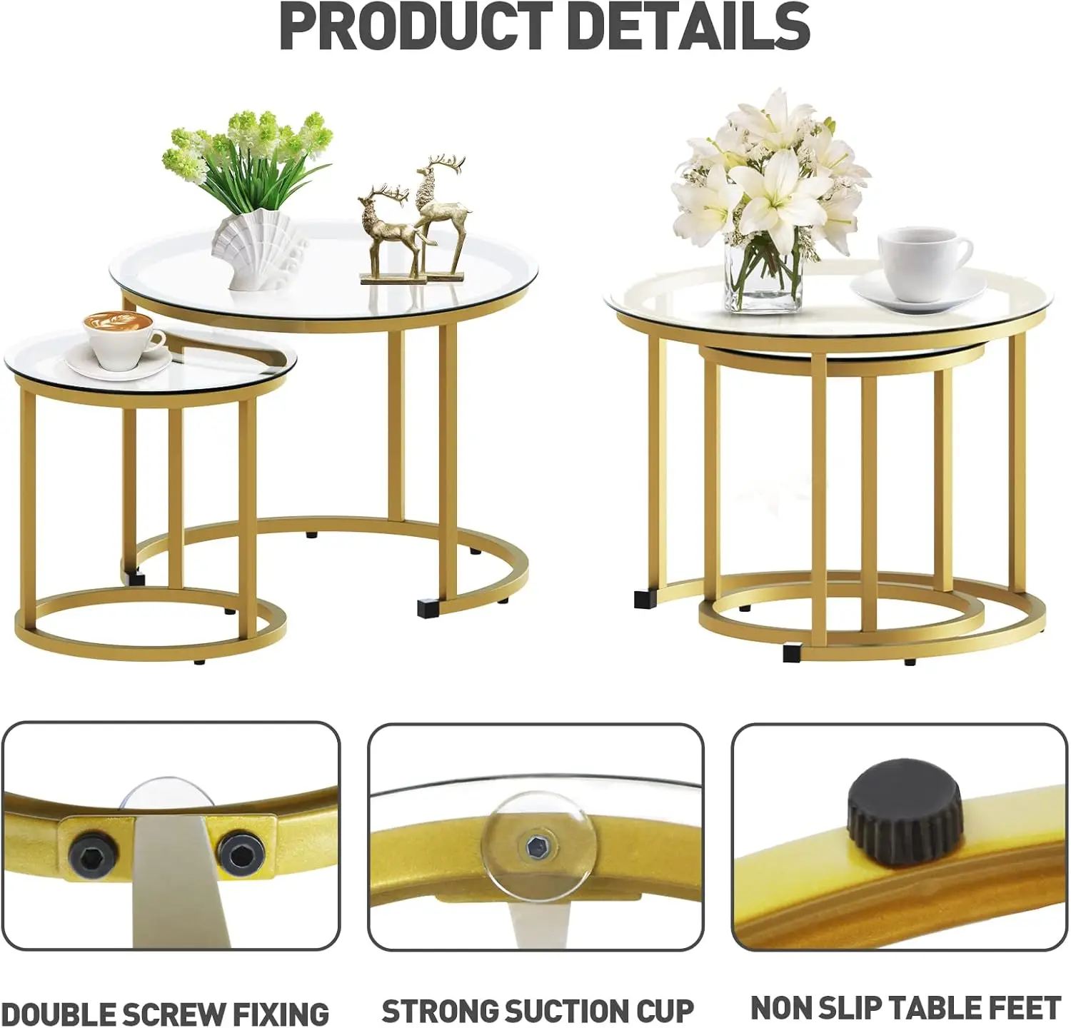 Small Glass Round Nesting Tables for Living Room Bedroom, Accent Tea Table with Metal Frame Modern Industrial Simple