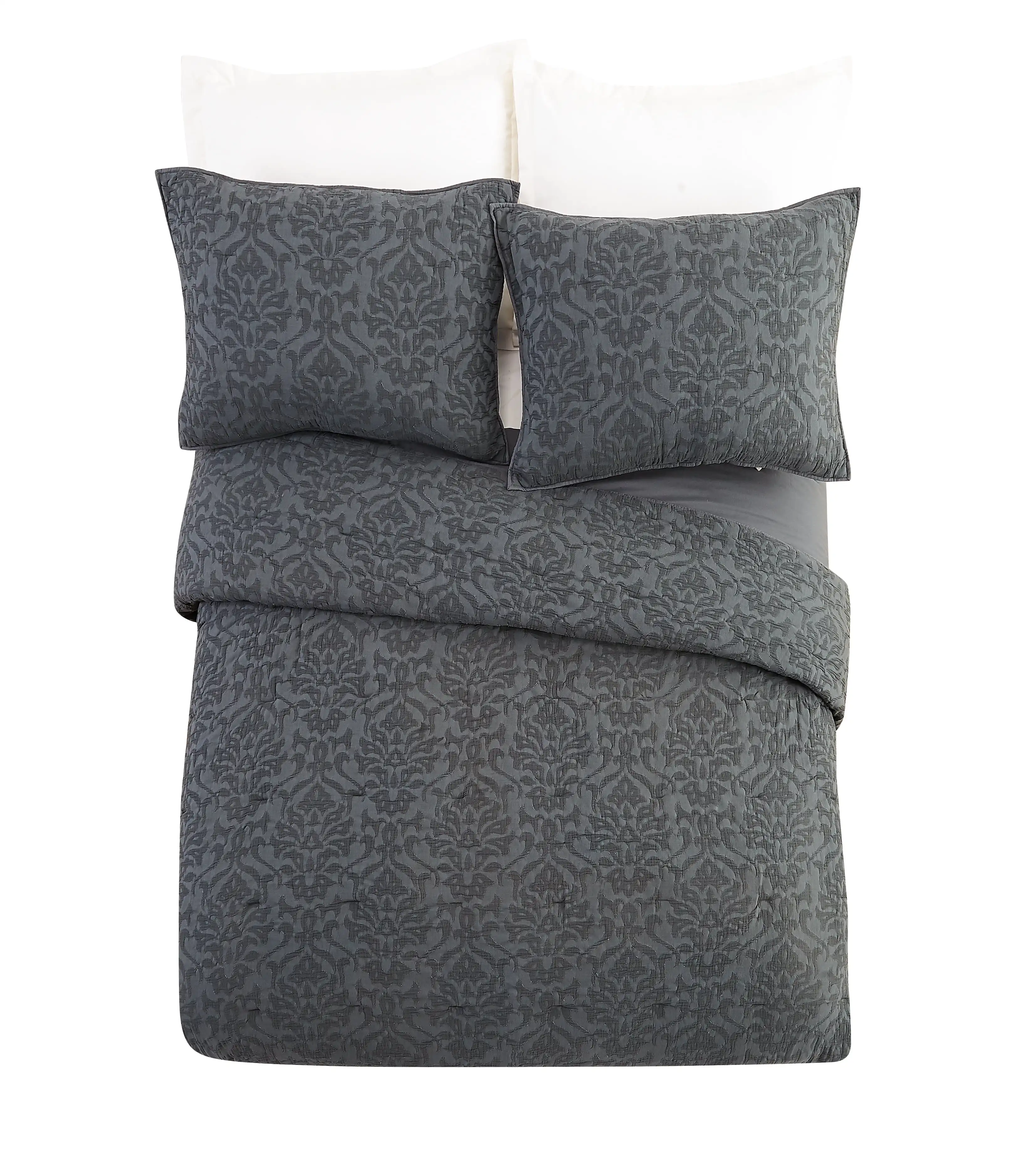 

Damask Cotton Quilt, King, Gray