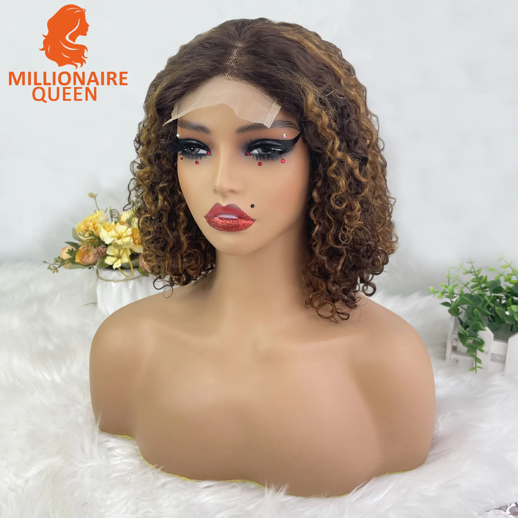 Bouncy Super Double Drawn Vietname Hair Pixie Curly 4x4 Bob Wig with 100% Human Hair Nature Black 250% Density For Black Women