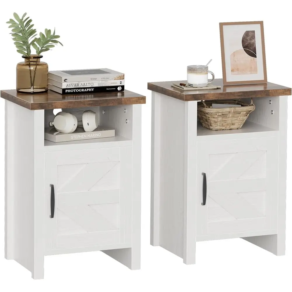 

White Barn Door Style Nightstand with Shelves, Set of 2 for Bedroom