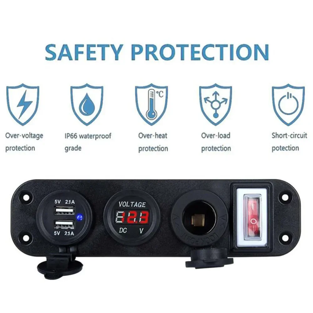 4 In 1 Car Cigarette Lighter Socket Digital Voltmeter Dual Usb Power Charger With Rocker W/ Switch Dustproof Waterproof NEW