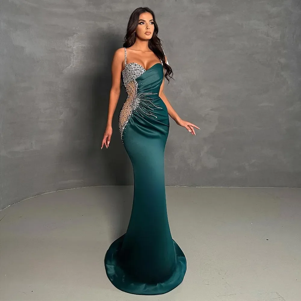 Vestidos de graduación con cuentas encantadoras, vestido de noche con lentejuelas de sirena, correas de saghetti, escote, tren de barrido, ropa Formal para ocasiones especiales