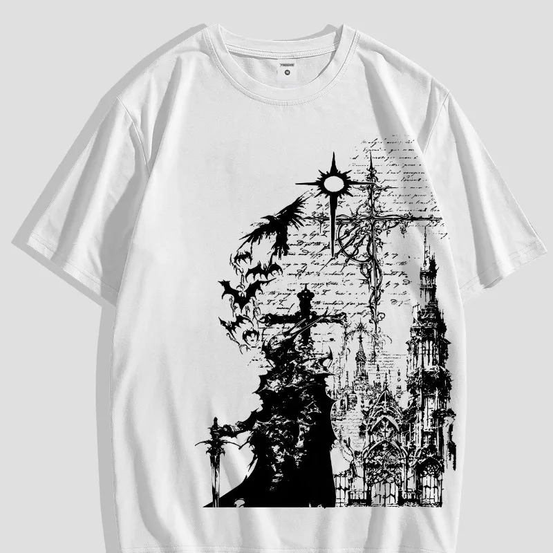 Dark Gothic Cross Castle Printed Short Sleeved T-shirt for Men, Summer Trendy Street Fashion Casual T-shirt