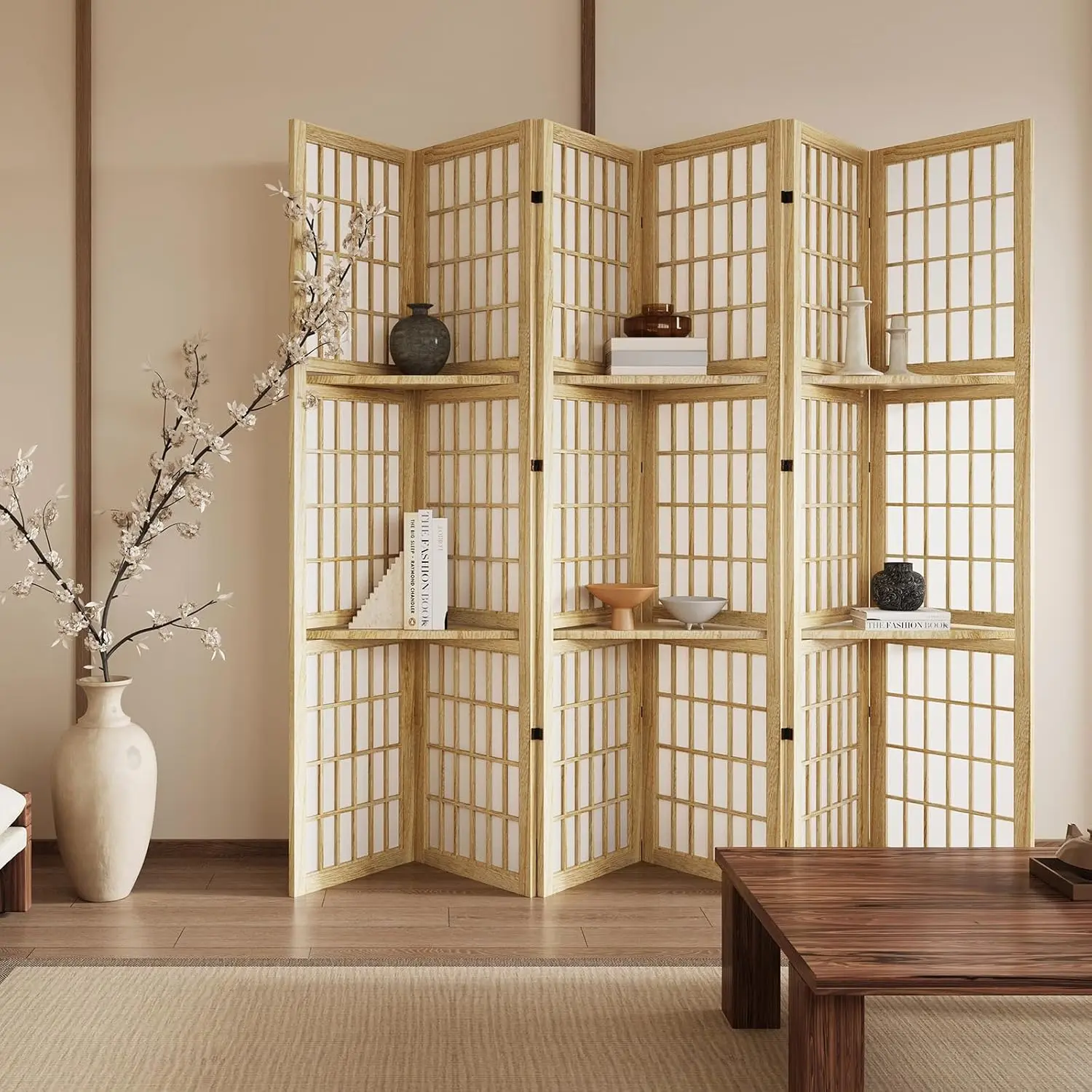Separador de Habitaciones Plegable de 5.6 Pies, Biombo Portátil Estilo Shoji Chino Japonés con Tres Estantes para Exhibición
