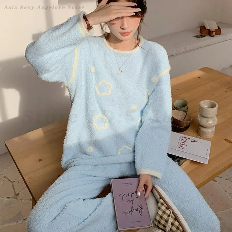 

Women Sweet Pajamas Set Autumn Winter Polar Fleece Sleepwear Long Sleeve Trouser Pijama Mujer Loose Casual Home Wear Loungewear