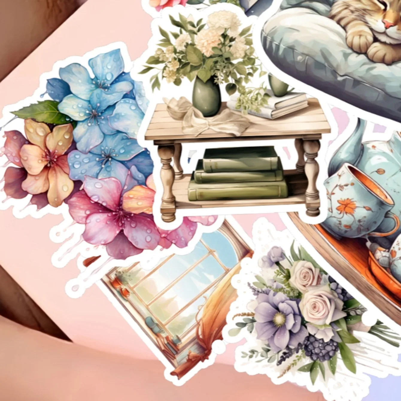 16pcs Cute watercolor, green plants, comfortable home life Junk Journal Stickers DIY Laptop Waterproof DIY Decals For Stationery