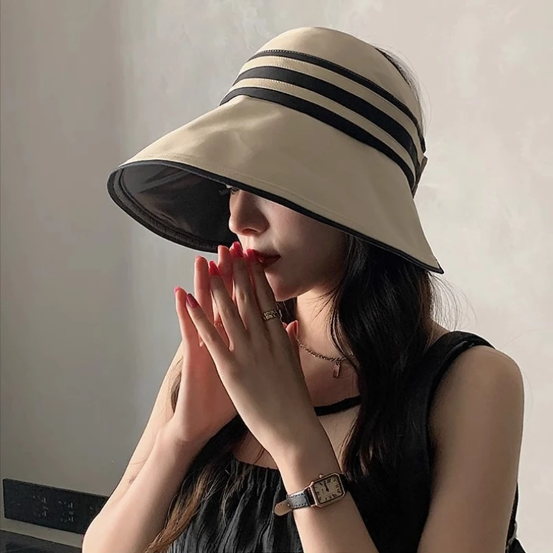 Foldable Striped Wide Brim Visor Hat with Black Inner Lining UV Blocking Sun Cap for Ladies Outdoor Trip Daily Sun Protection
