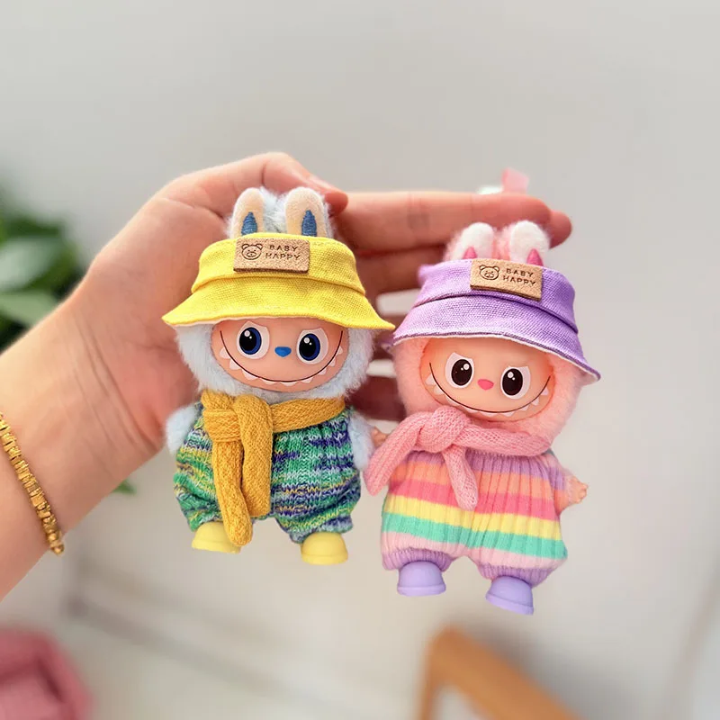 

New Mini Doll Outfit For 4th Gen LABUBU 4.0 Pin For Love Series Rainbow Romper With Scarf Fisherman Hat Set