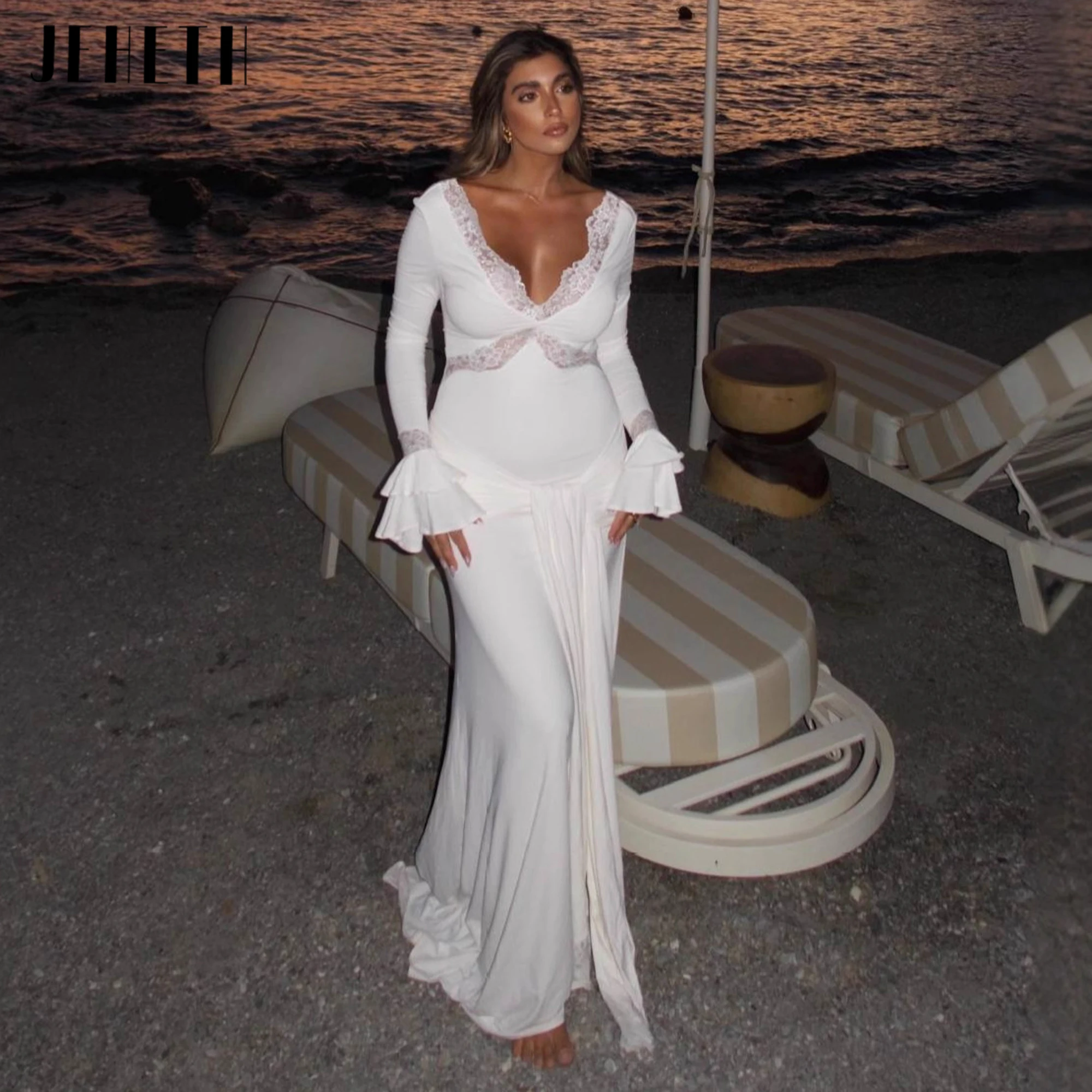 

Long Prom Mermaid Dresses Women Full Sleeves White Luxury Party Gowns Formal Evening Dresses Sweep Train Lace Trim Customized