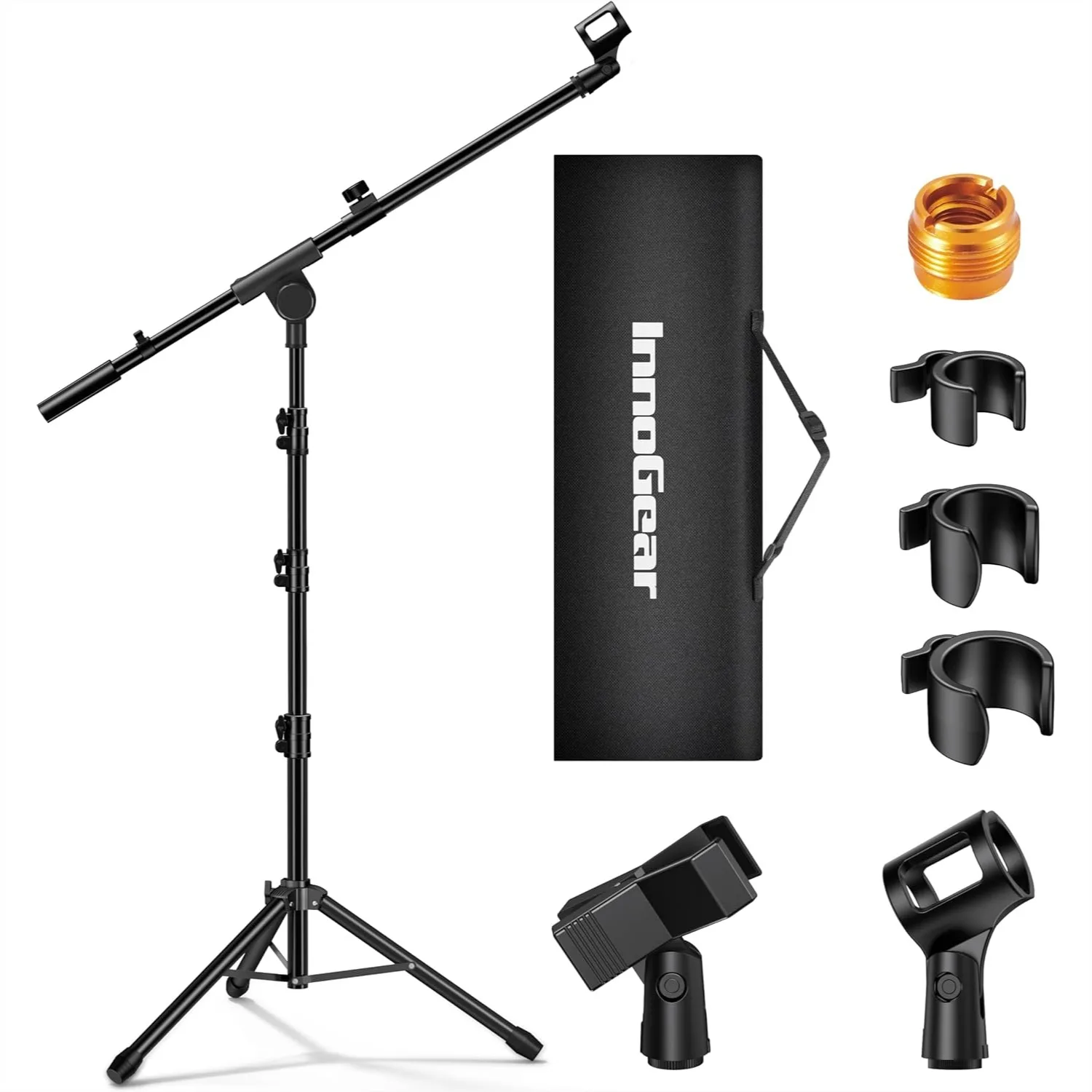 

Adjustable Microphone Stand Tripod Boom Arm Floor Mic Stand Heavy Duty With Carrying Bag 2 Mic Clips 3/8" To 5/8" Adapter For Singing Podcast