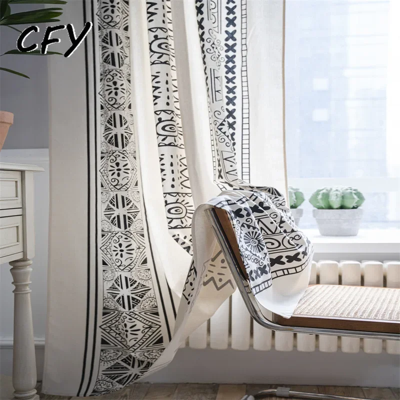 

Black White Geometric Cotton Linen Window Curtains for Living Room Short Vintage Farmhouse Deco Tassel Drapes Kitchen Valance