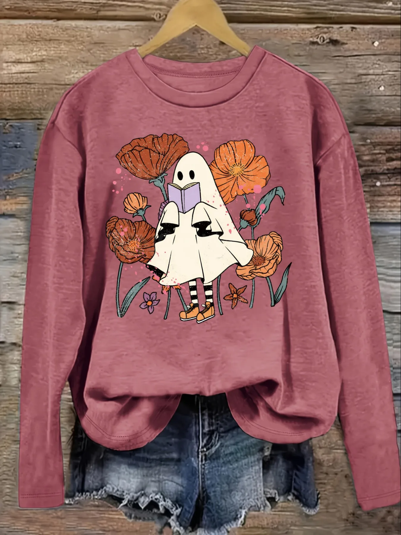 Women's Casual Long Sleeve Crew Neck T-Shirt Ghost Reading Book Among Flowers Design, Round Neck Women's Clothing, Machine Washable, Slightly Elastic, Loose Fit, Spring Autumn Winter Women's T-Shirt, Halloween Costume Outfit view 3
