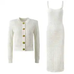 Quality Autumn Knitted Two Piece Set Women Gold Button Cardigans Straps Long Dress Prom Evening Pencil Dresses Lady