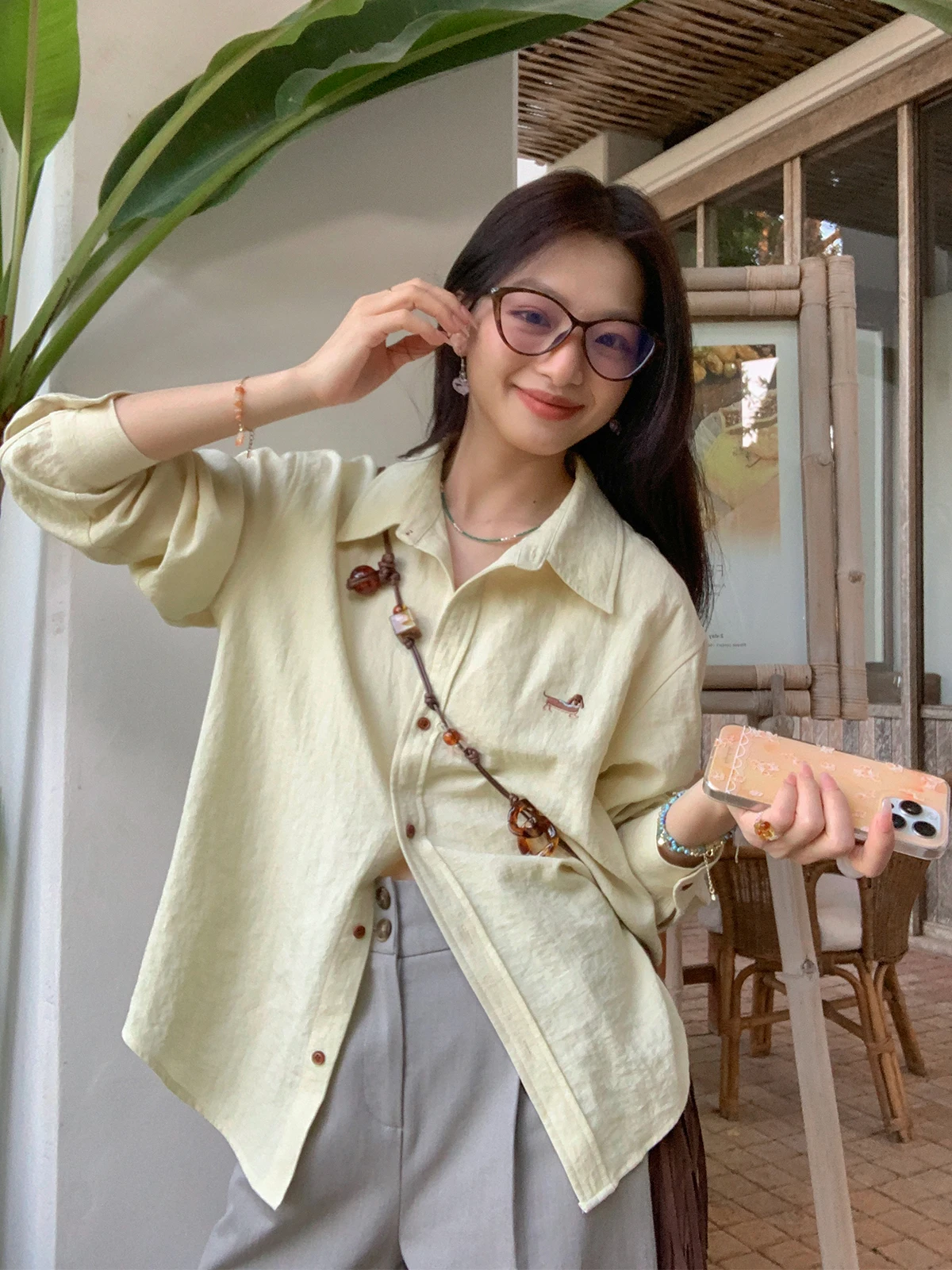 

Laid-ba Embroidered Design Long Sve irt Spring Autumn Casual Versatile Loose Outerwear Korean Sle Breathable Polyester