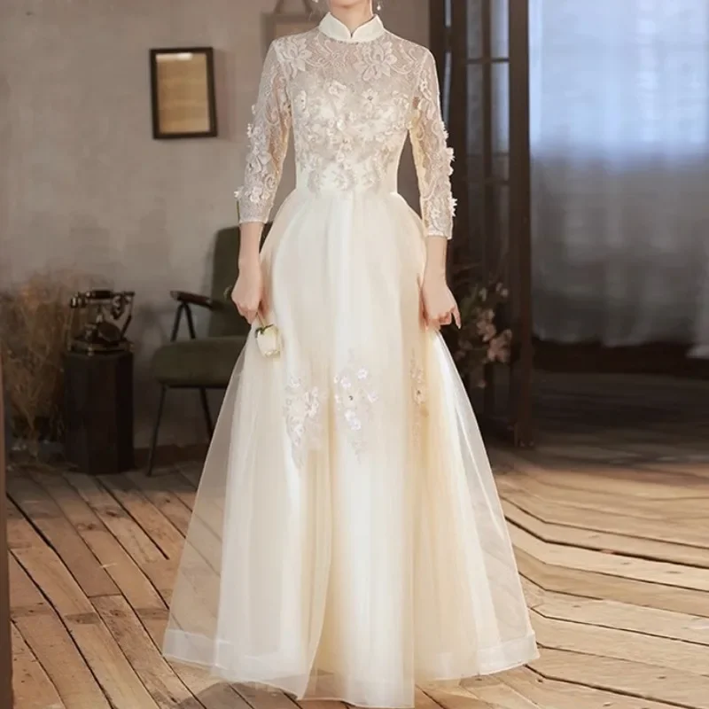 Customized Vintage High Neck Chinese Style Evening Dresses For Wedding Luxury Appliques FlooR-Length Champagne Engagement Dresse