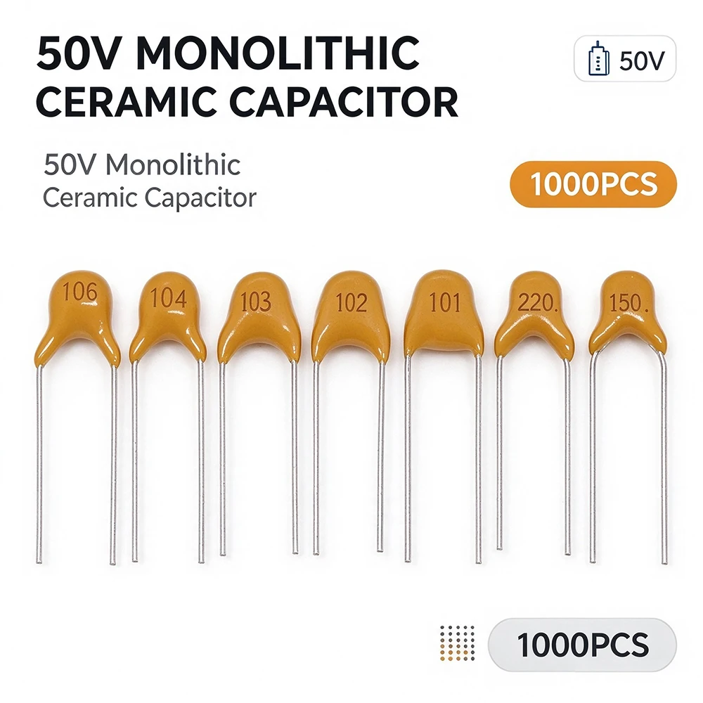 1000PCS 50V Monolithic Ceramic Capacitor 10PF 15PF 20PF 22PF 30PF 33PF 47PF 100PF 150PF 220PF 330PF 470PF Pitch 5.08mm