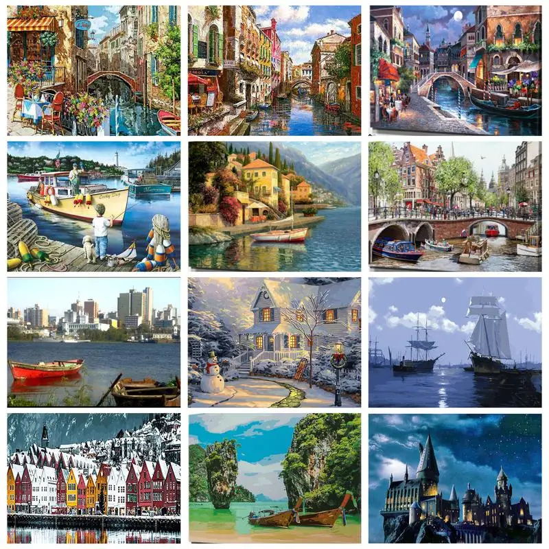 CHENISTORY Acrylic Painting By Numbers Town Landscape Picture Drawing For Adults Lake Boat Bridge Diy Gift Handicrafts Wall Art