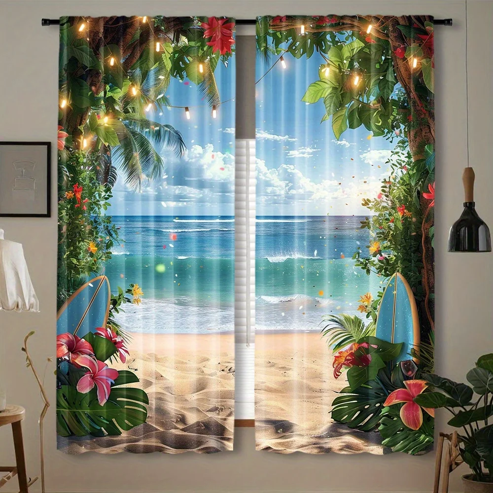 Tropical Beach Surfboard Curtains 2 Panels, Palm Tree Plumeria String Light Ocean Wave Scenery Drapes for Summer Bedroom Decor