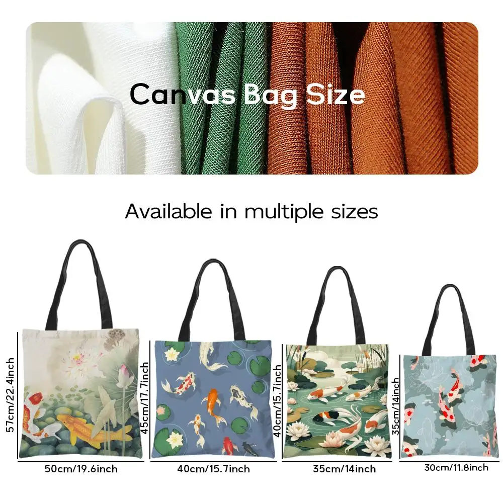 Storage Bags Pattern Tote Bag Aesthetic Canvas Shoulder Bag Lightweight Shopping Bag Natural Fun Koi Fish lotus