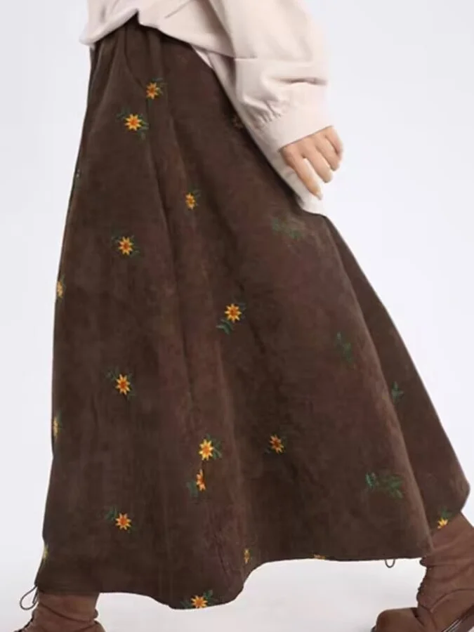 Korean Japanese Oversized Floral Corduroy A-Line  Skirt for Women Winter New Style Vintage High Waist Commute Casual Long...