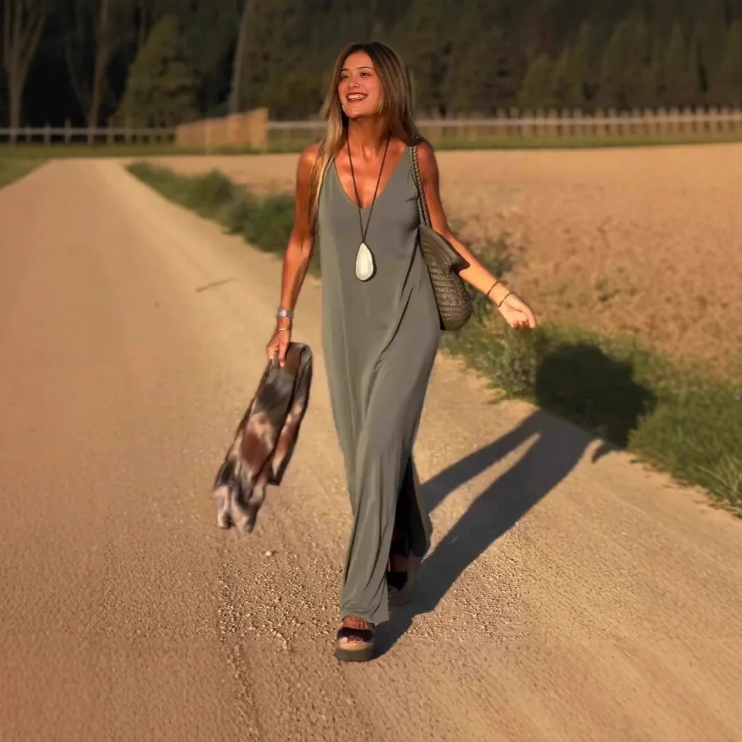 

2025 Summer Women's Fashion Solid Color Sexy V-neck Sleeveless Strap Casual Loose Long Ankle Dress