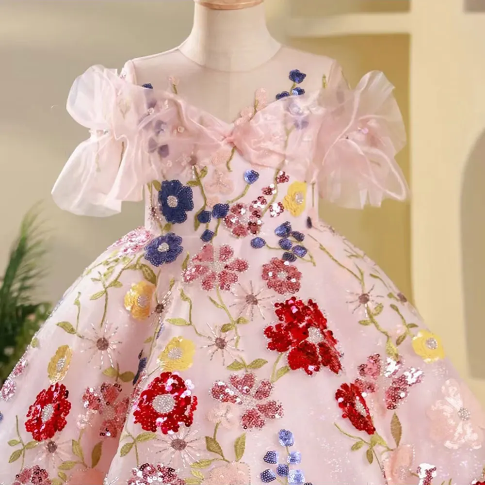 Jill desejo luxo árabe floral vestido da menina lantejoulas apliques crianças princesa festa de casamento aniversário primeira comunhão vestido j236