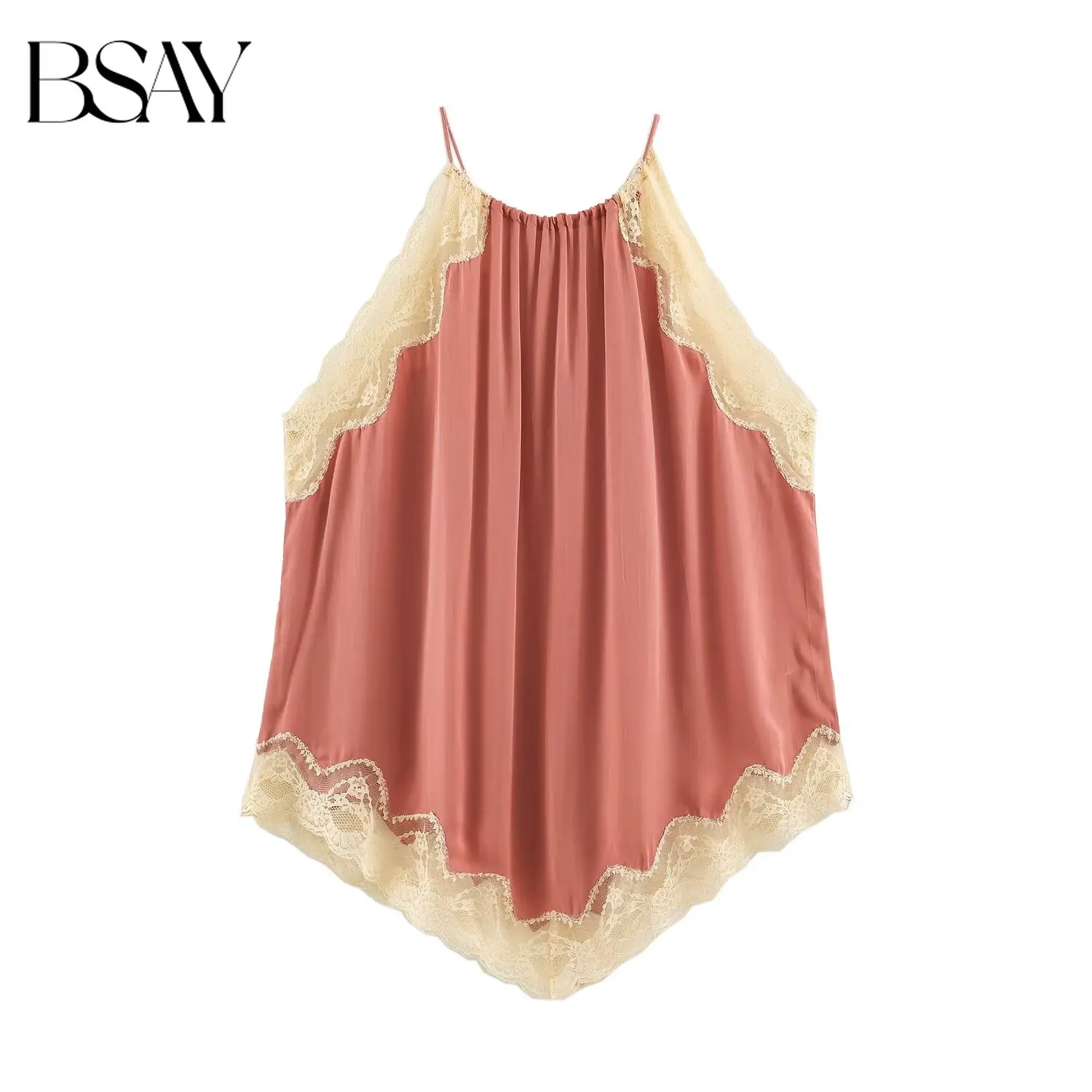 BSAY 2026 Summer New Women Fashion Glossy Satin Halter Camisole Ruffle Lace Trim Loose Flowy Irregular Hem Sleeveless Tank Top