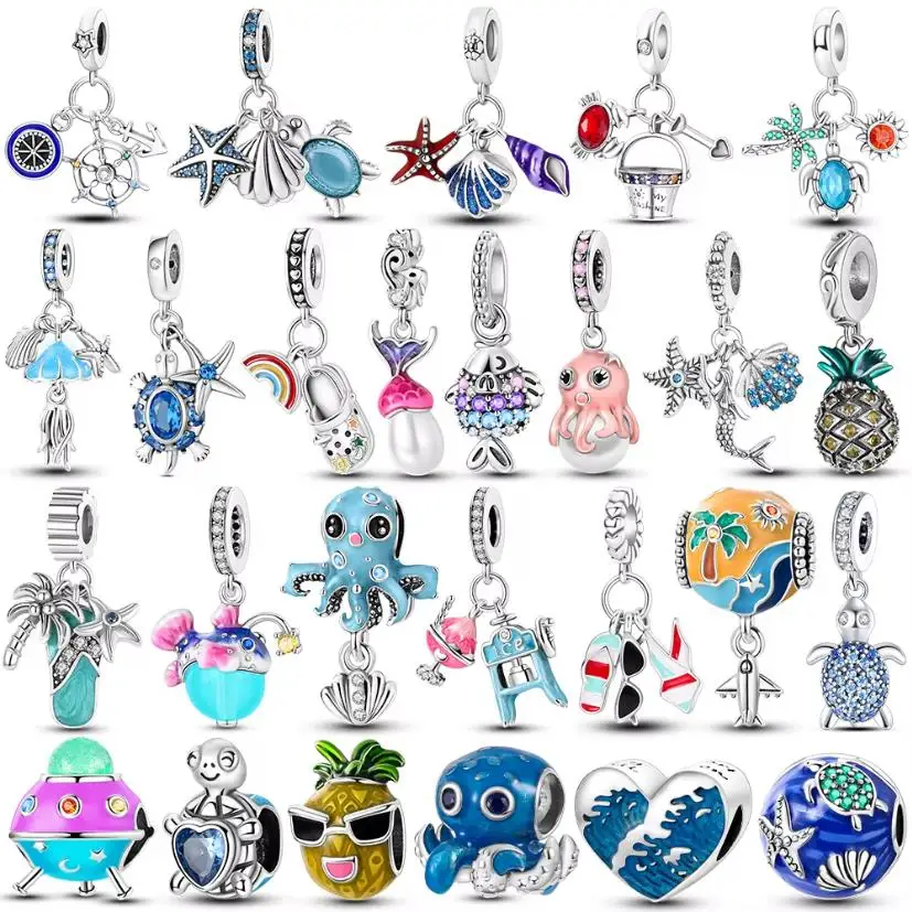 Versilbert 2024, Sommer-Schildkröten, Seestern, Oktopusse, Charms, Perlen, passend für Original-Armreif-Charm, DIY-Frauen-Schmuck, Geschenk