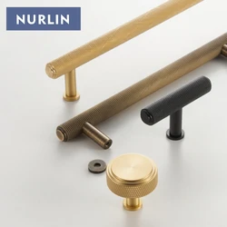 Nurlin Solid Brass Knurled Diamond Cut Pattern New Cabinet Knobs Wardrobe Door Drawer T-bar Long Pull Free Base Matt Brass Black