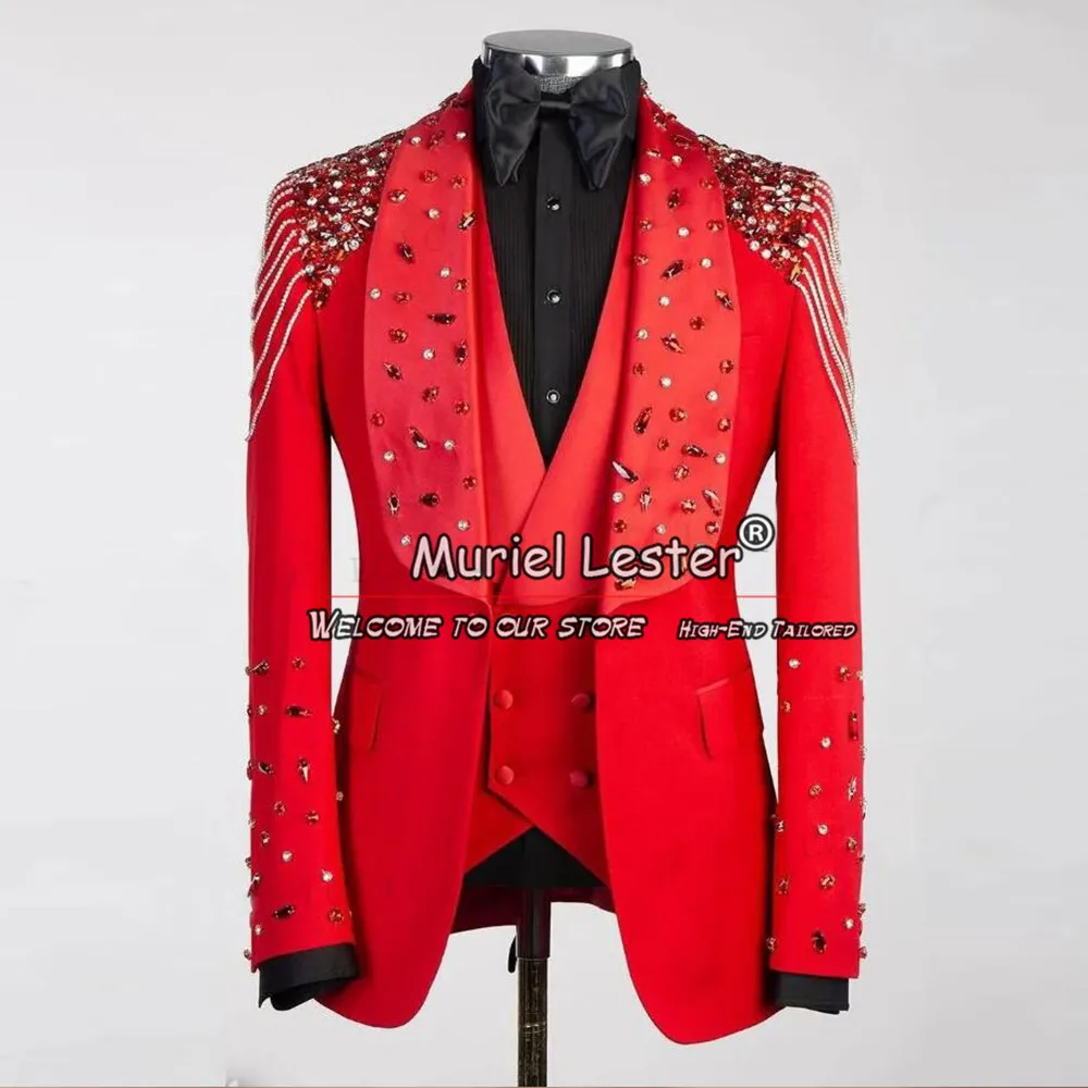 Red Wedding Suits For Men Luxury Crystals Beaded Groom Wear Tuxedos 3 Pieces Formal Business Prom Blazer Traje De Hombre Elegant