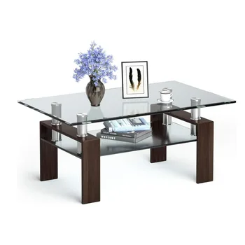 Image Rectangle Glass Coffee Table w/Lower Shelf, Tempered Glass Tabletop & Metal Legs, Suitable for Living Room Office