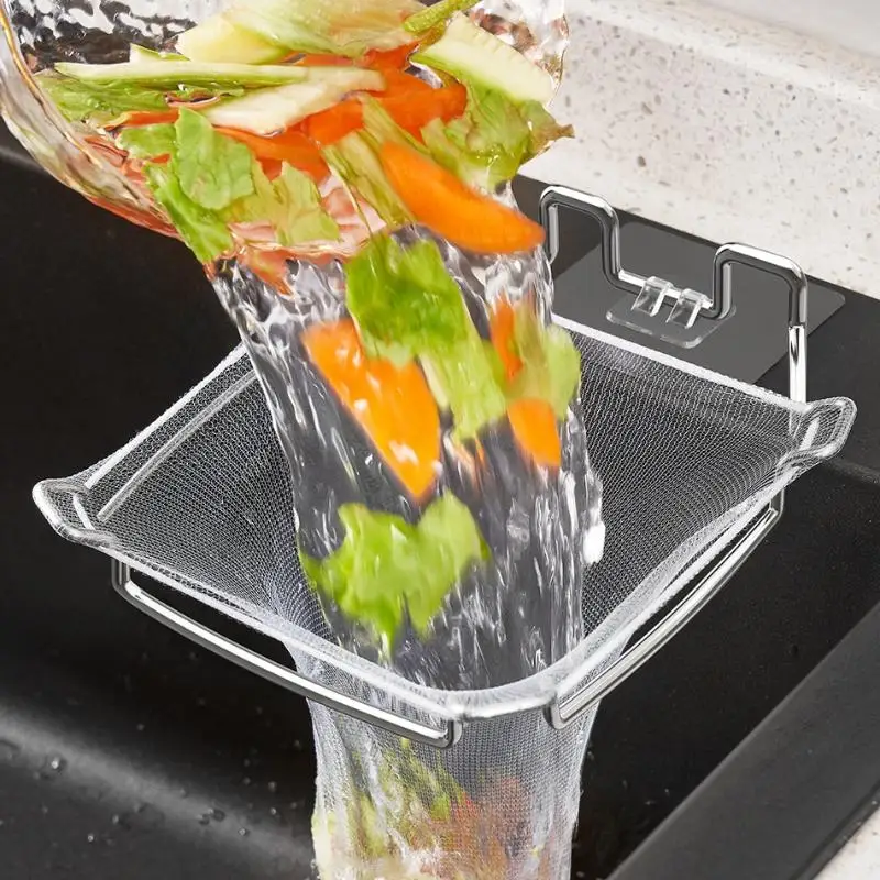 Sink Filter Drain Rack Stainless Steel Kitchen Sink Filter Mesh Bag Stand Waste Garbage Net Shelf Sink Corner Mesh Strainer