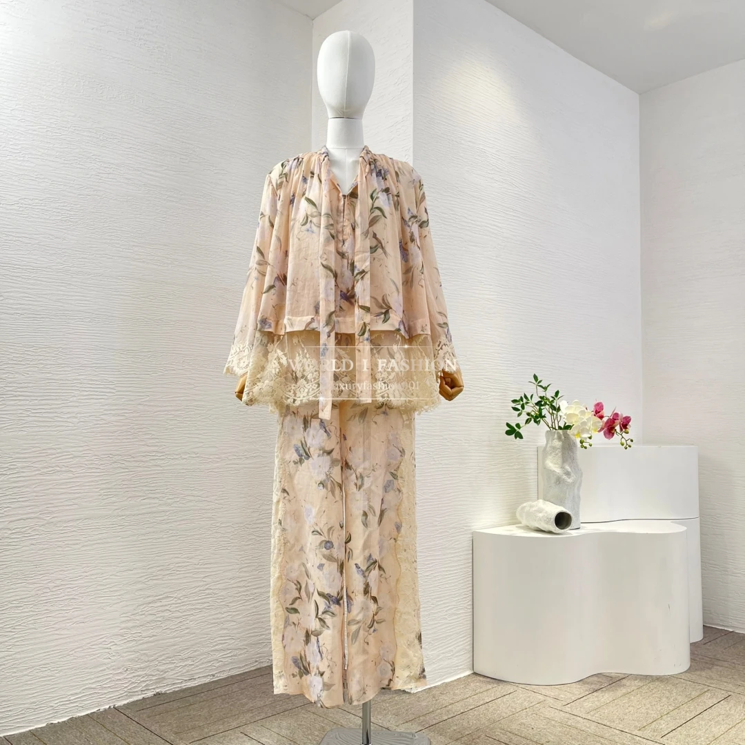 

Ramie 2025 New High Quality Women Beige Floral Print Lace Patchwork Long Sleeve Blouse Tops and Pants Set Outfit