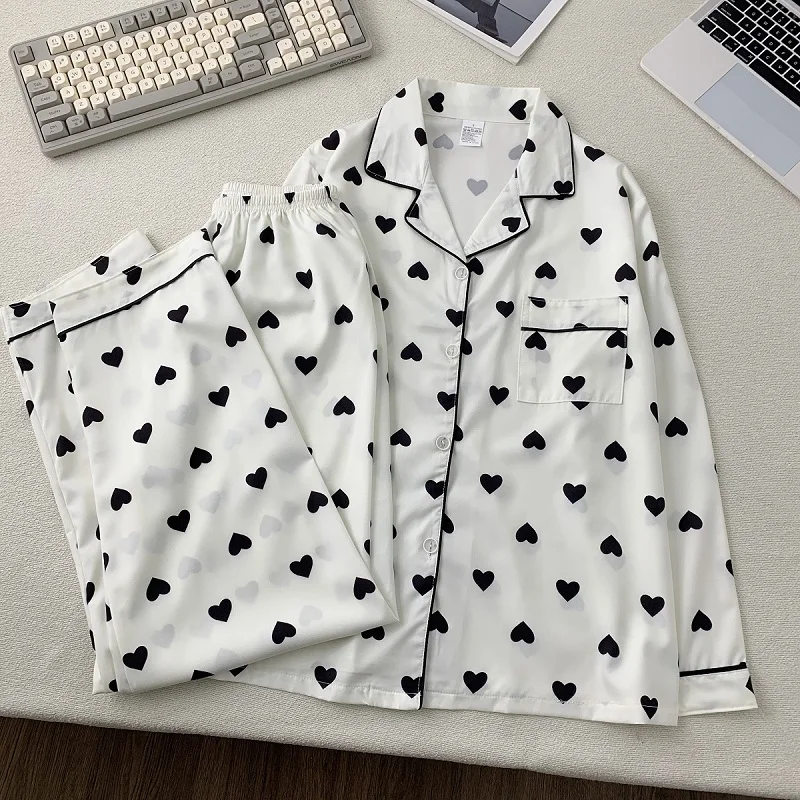 Preto amor impressão coreano moda pijamas conjunto plus size lapela pescoço estilo harajuku pijamas femininos conjunto nova primavera 2025 pijamas