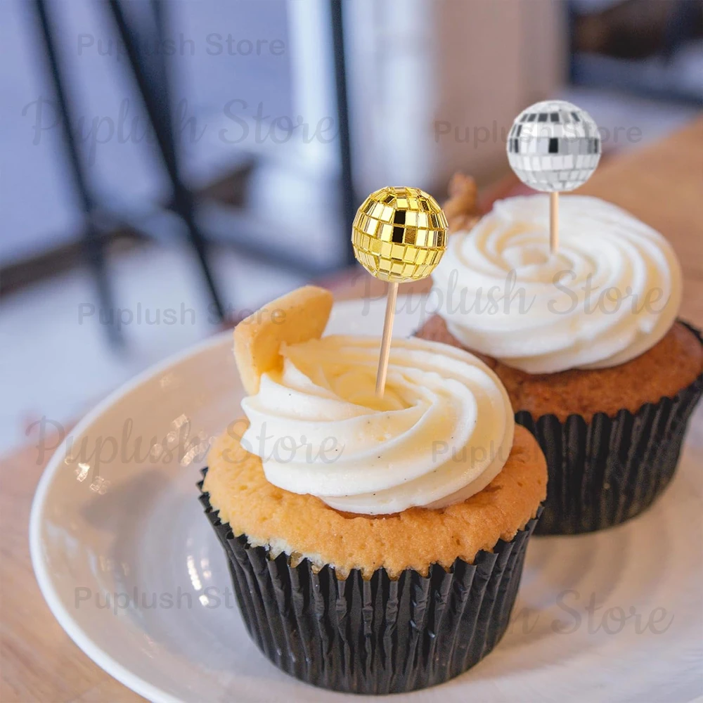 34-teiliges Disco-Kugel-Cupcake-Topper-Set, Spiegel-Silber, Gold, Pink, 70er Retro Kuchendekoration für Disco-Themen-Geburtstagsfeiern – Detail 12