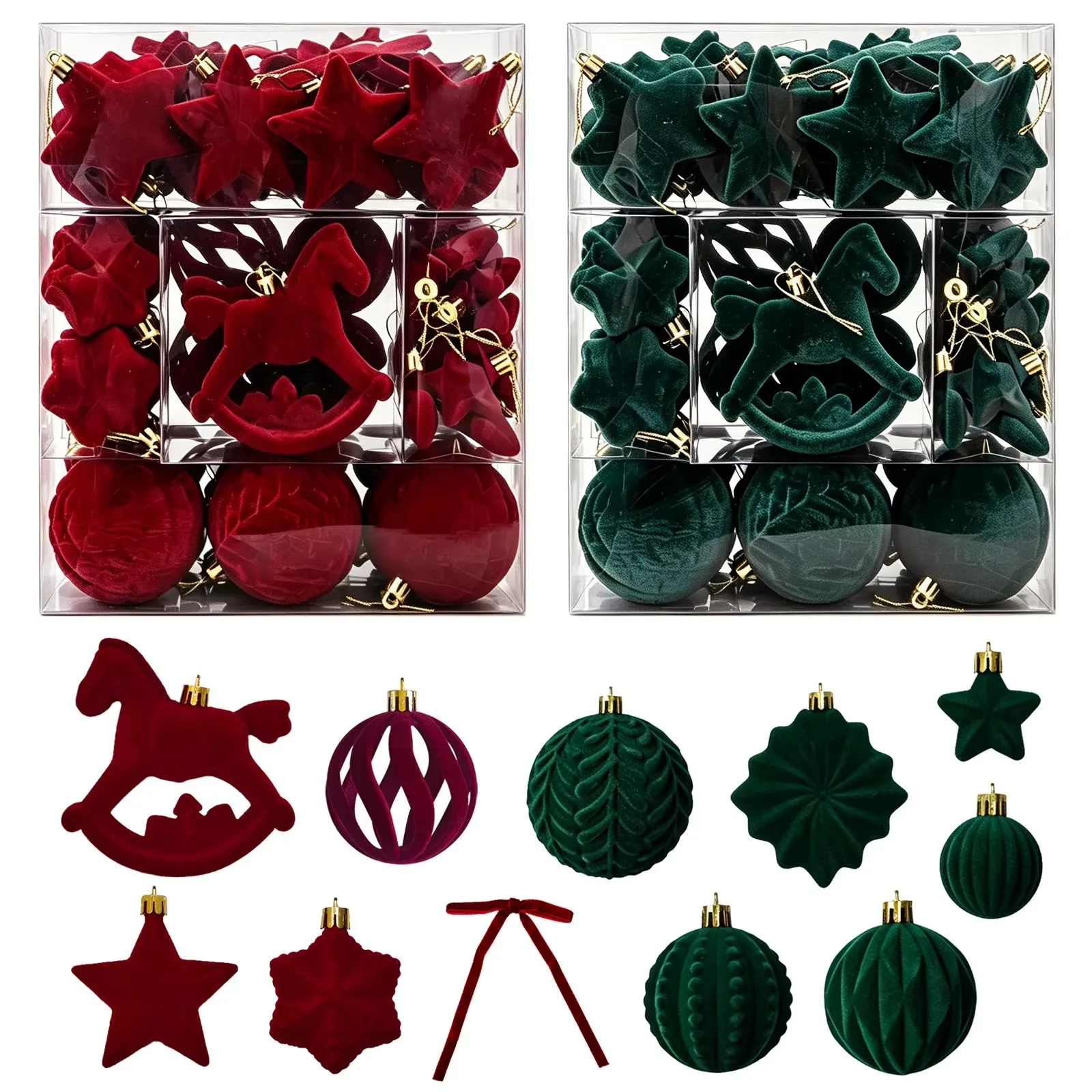 58PCS Burgundy/Dark Green Flocked Christmas Ball Set Openwork Christmas Balls Bows Rocking Horse Xmas Ornaments Decor
