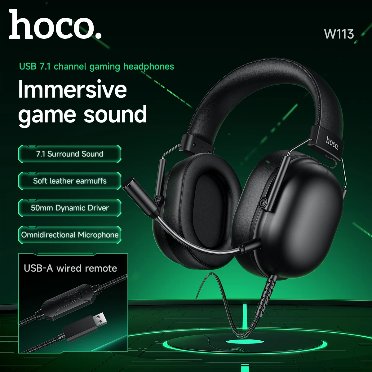 

HOCO UBB7.1 Channel Gaming Headphones with Wired Volume Control Omnidirectional Mic 50MM Large Speaker Surround Stereo Earphones