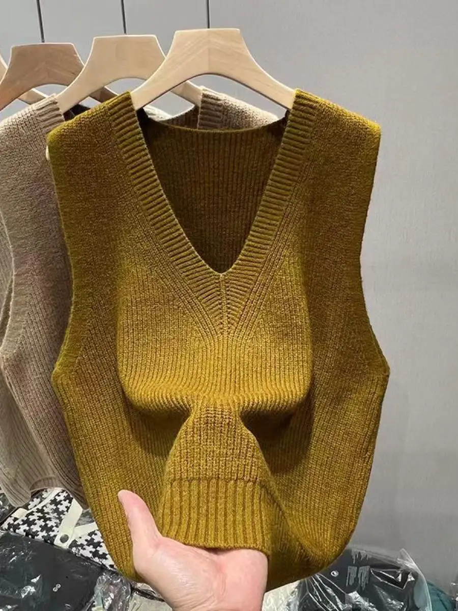 

Women's Knitted Sweater Vest Loose V-Ne Autumn Winter New Sle College Sle Lazy Faion Top Mid-Age Suitable
